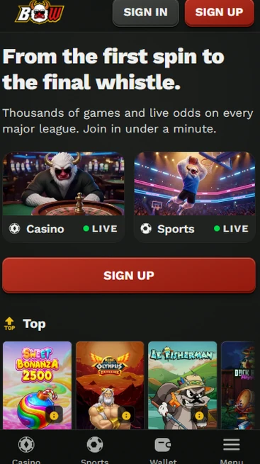 BangaWin sur smartphone : accueil mobile avec accès Casino, Sports et machines à sous Top