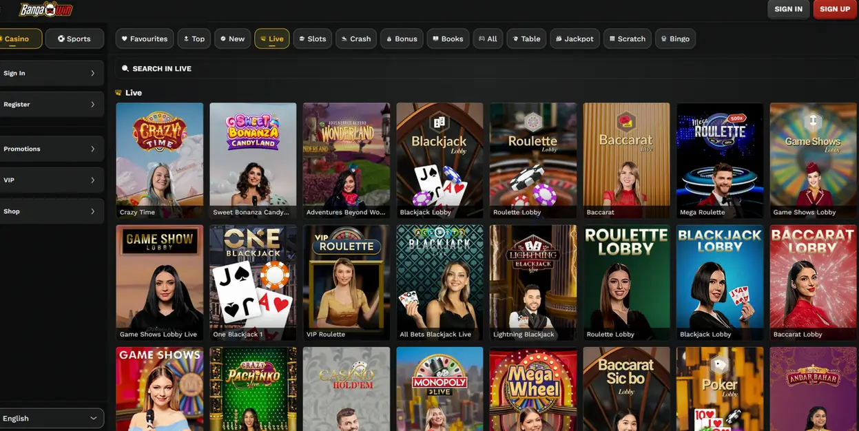 Lobby du casino en direct BangaWin : Crazy Time, Mega Roulette, Lightning Blackjack et Baccarat