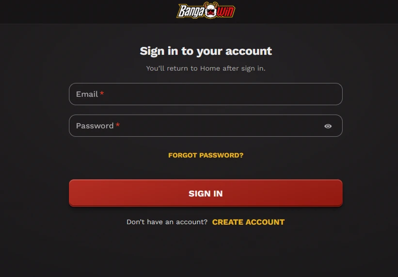 Formulaire de connexion BangaWin : e-mail, mot de passe et lien Mot de passe oublié