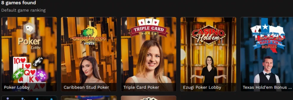 Jeux de poker en direct BangaWin : Poker Lobby, Caribbean Stud Poker et Triple Card Poker
