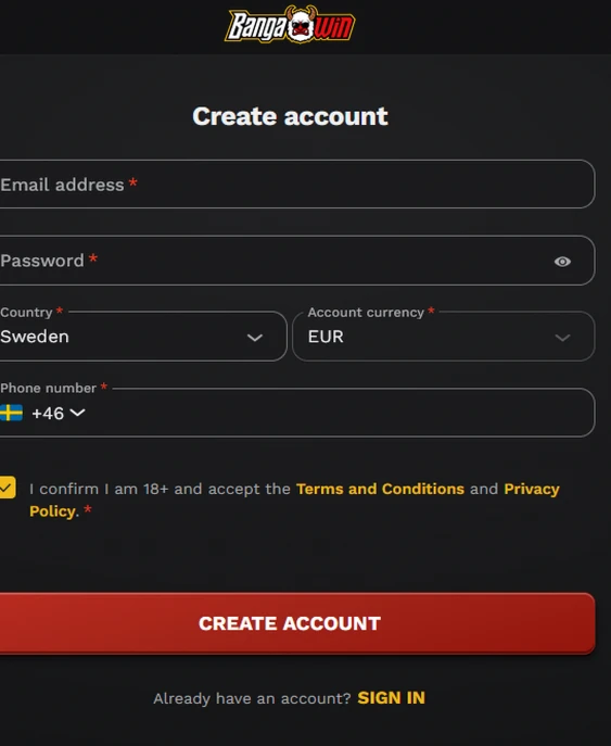 Formulaire d'inscription BangaWin : e-mail, mot de passe, pays, devise EUR et numéro de téléphone